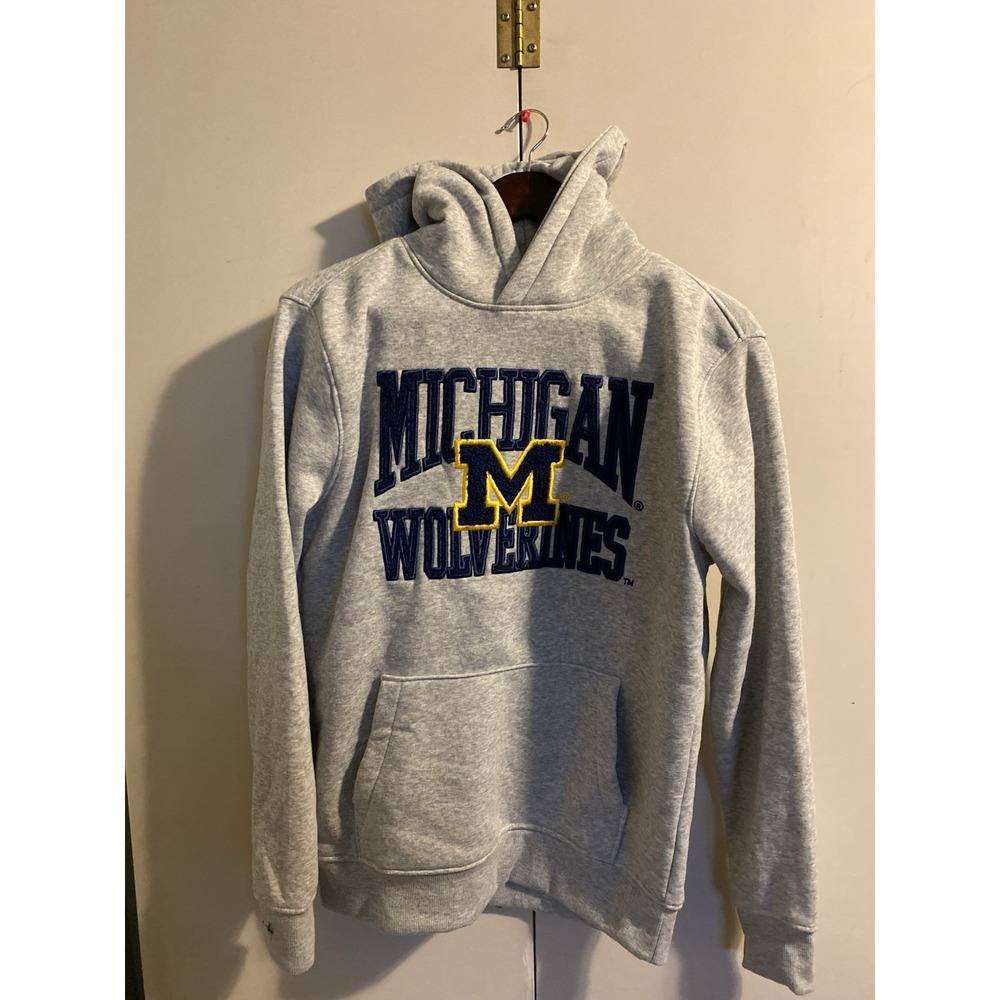 Michigan Hoodie Men Small Gray Yellow Big M Spellout Tackle Twill Fleece Sport